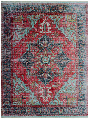 Classic Medallion Hand Knotted Rug 7.6x9.6 - Red Teal Charcoal Vintage 45 KPSI Bhadohi Rugs