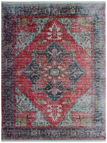 Classic Medallion Hand Knotted Rug 7.6x9.6 - Red Teal Charcoal Vintage 45 KPSI Bhadohi Rugs