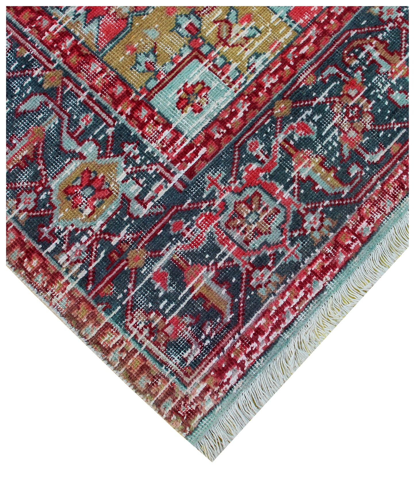 Classic Medallion Hand Knotted Rug 7.6x9.6 - Red Teal Charcoal Vintage 45 KPSI Bhadohi Rugs