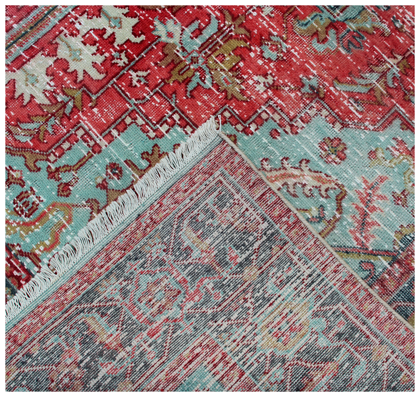 Classic Medallion Hand Knotted Rug 7.6x9.6 - Red Teal Charcoal Vintage 45 KPSI Bhadohi Rugs