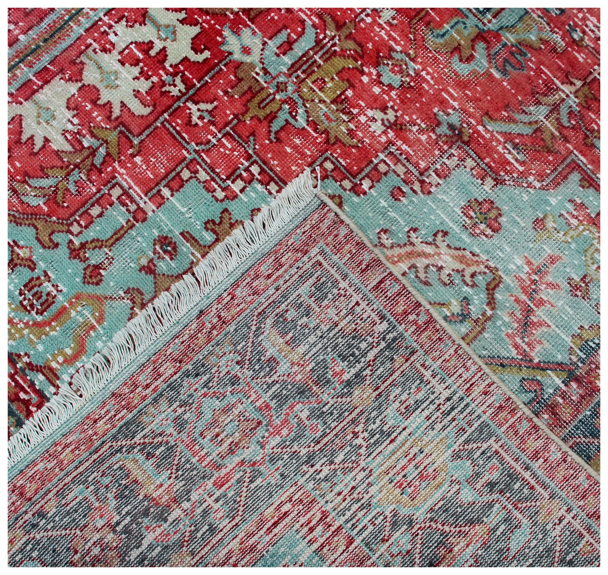 Classic Medallion Hand Knotted Rug 7.6x9.6 - Red Teal Charcoal Vintage 45 KPSI Bhadohi Rugs