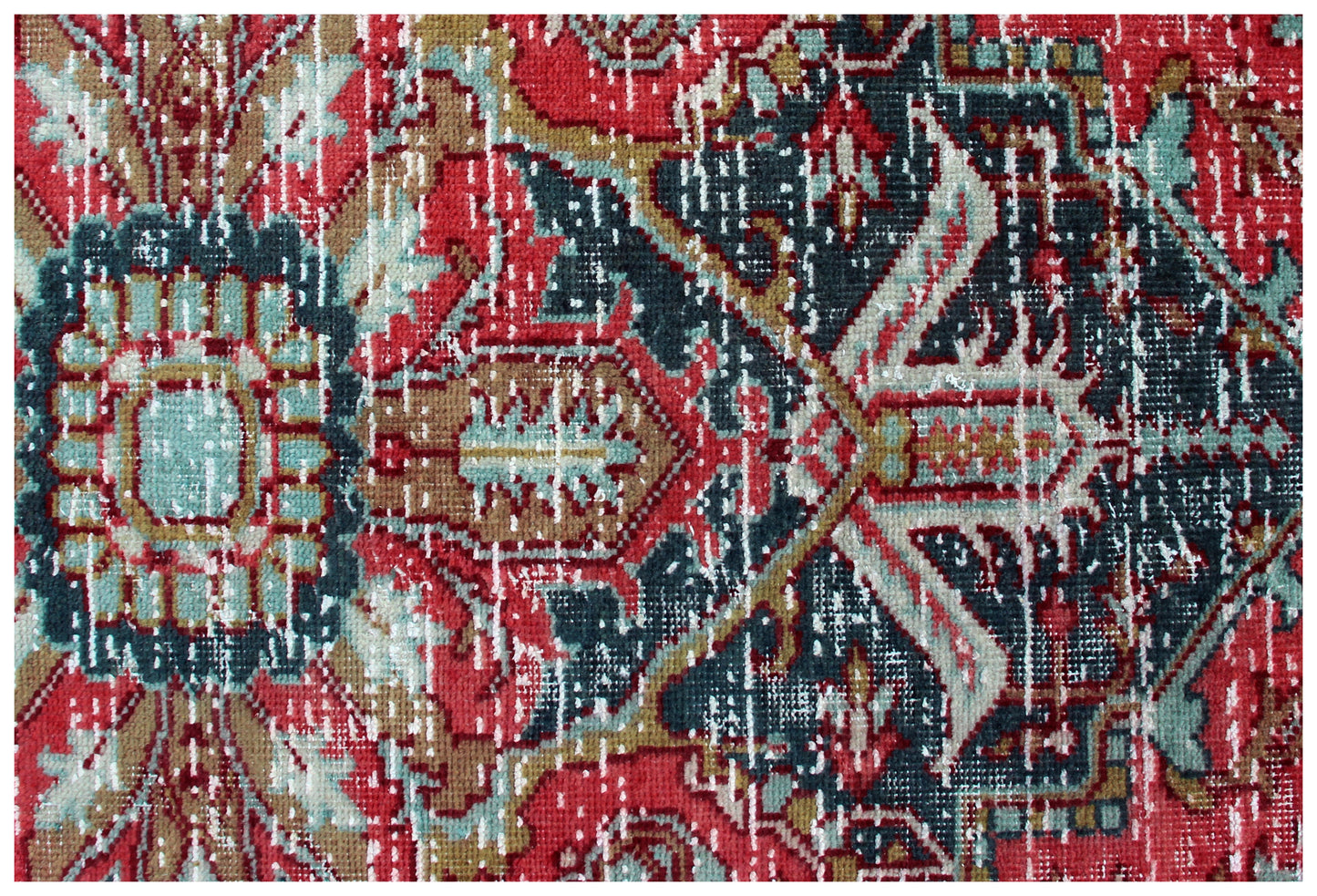 Classic Medallion Hand Knotted Rug 7.6x9.6 - Red Teal Charcoal Vintage 45 KPSI Bhadohi Rugs