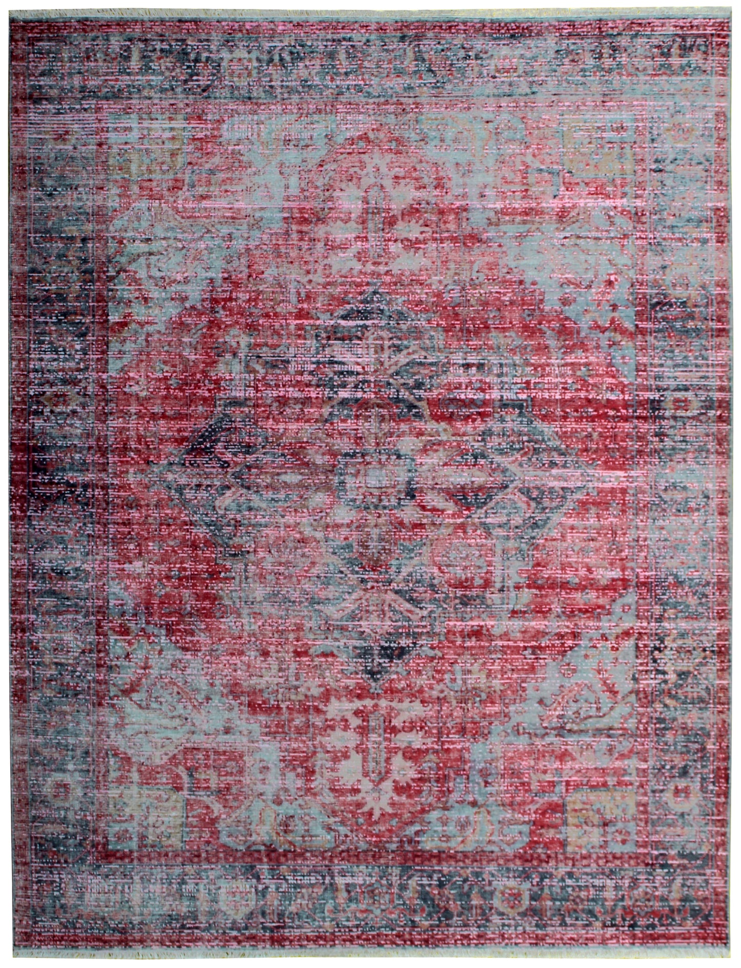 Timeless Hand Knotted Rug 7.6x9.6 - Red Pink Teal Vintage Medallion 45 KPSI Bhadohi Rugs