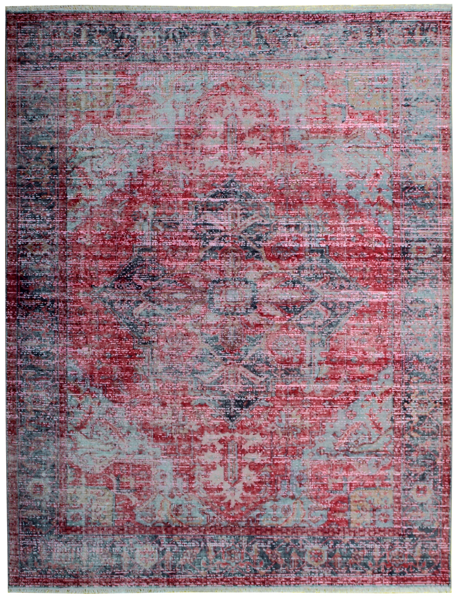 Timeless Hand Knotted Rug 7.6x9.6 - Red Pink Teal Vintage Medallion 45 KPSI Bhadohi Rugs