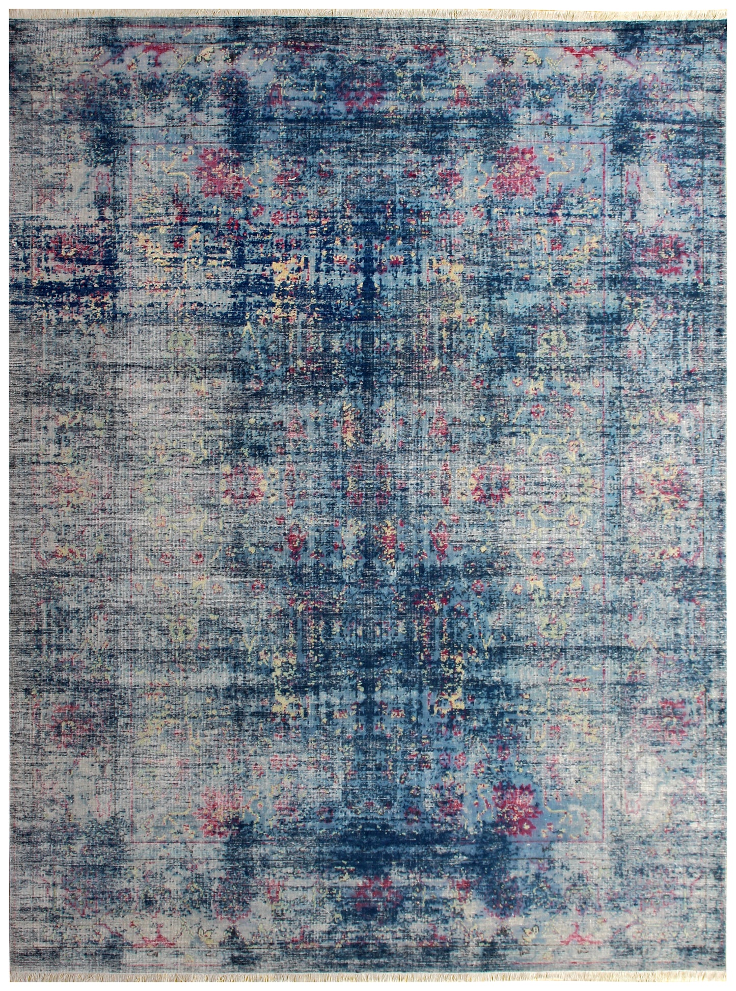 Elegant Hand Knotted Rug 8x10 - Blue Teal Pink Vintage Medallion 45 KPSI Bhadohi Rugs