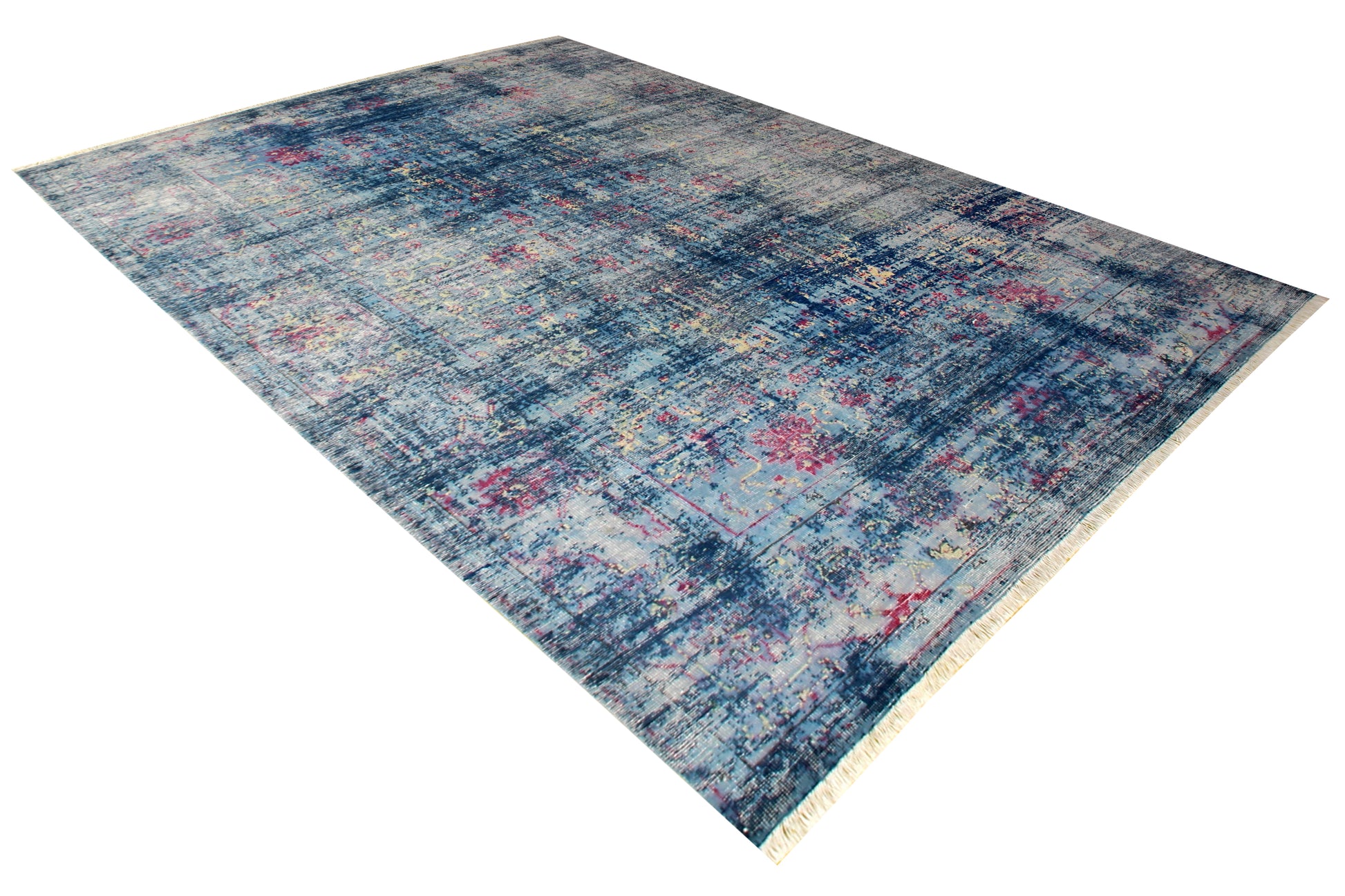 Elegant Hand Knotted Rug 8x10 - Blue Teal Pink Vintage Medallion 45 KPSI Bhadohi Rugs