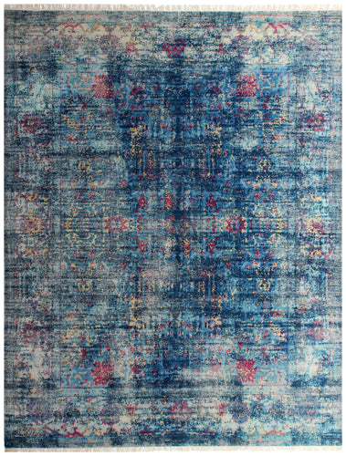 Blue Turquoise Pink 8x9.6 Hand Knotted Wool Viscose Area Rug - Vintage Antique Abstract