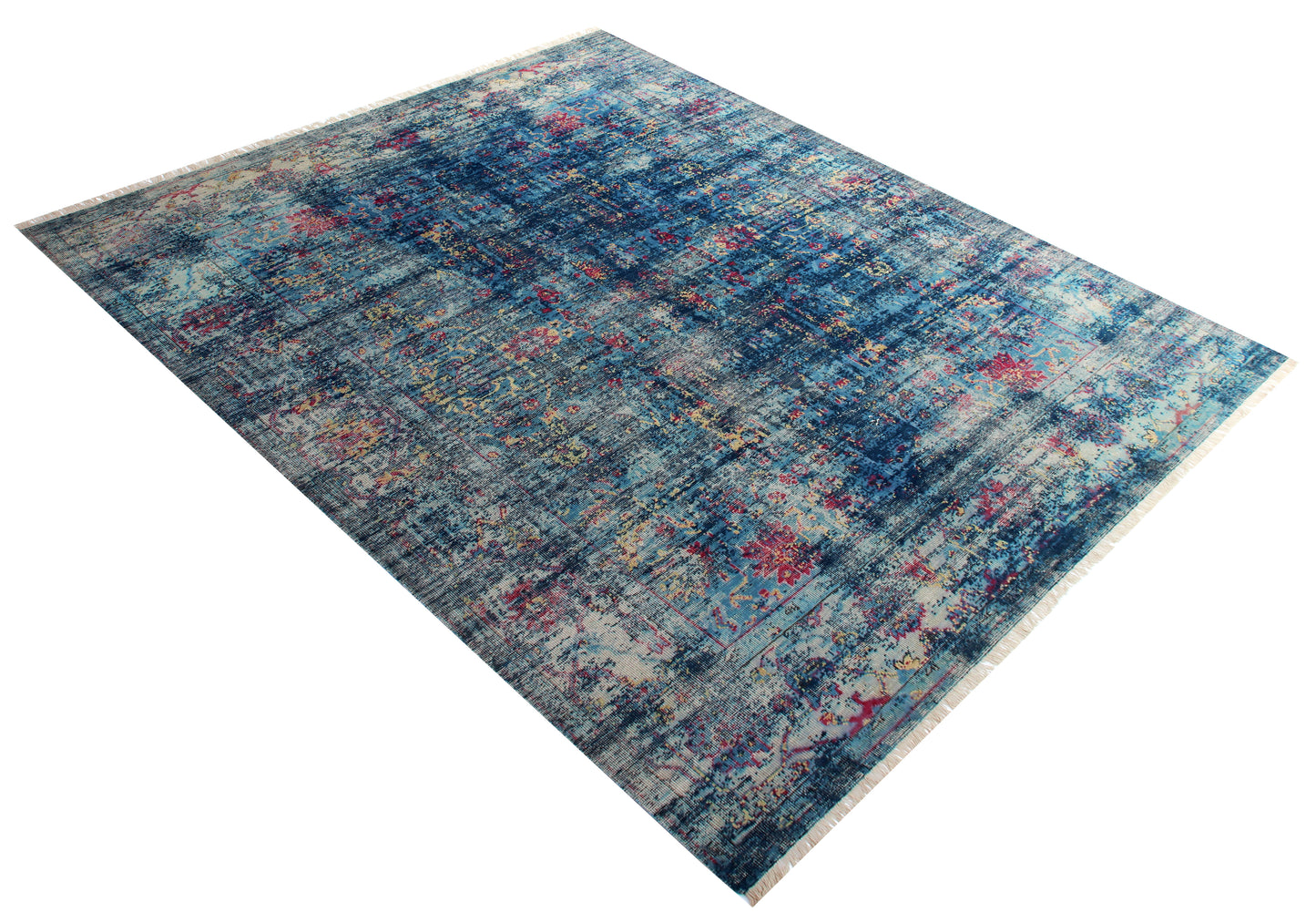 Blue Turquoise Pink 8x9.6 Hand Knotted Wool Viscose Area Rug - Vintage Antique Abstract