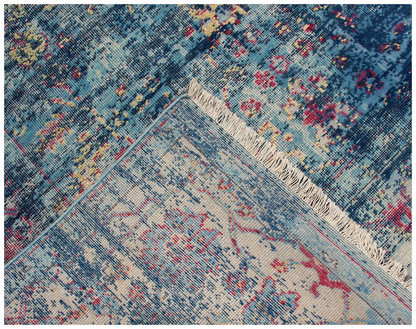 Blue Turquoise Pink 8x9.6 Hand Knotted Wool Viscose Area Rug - Vintage Antique Abstract