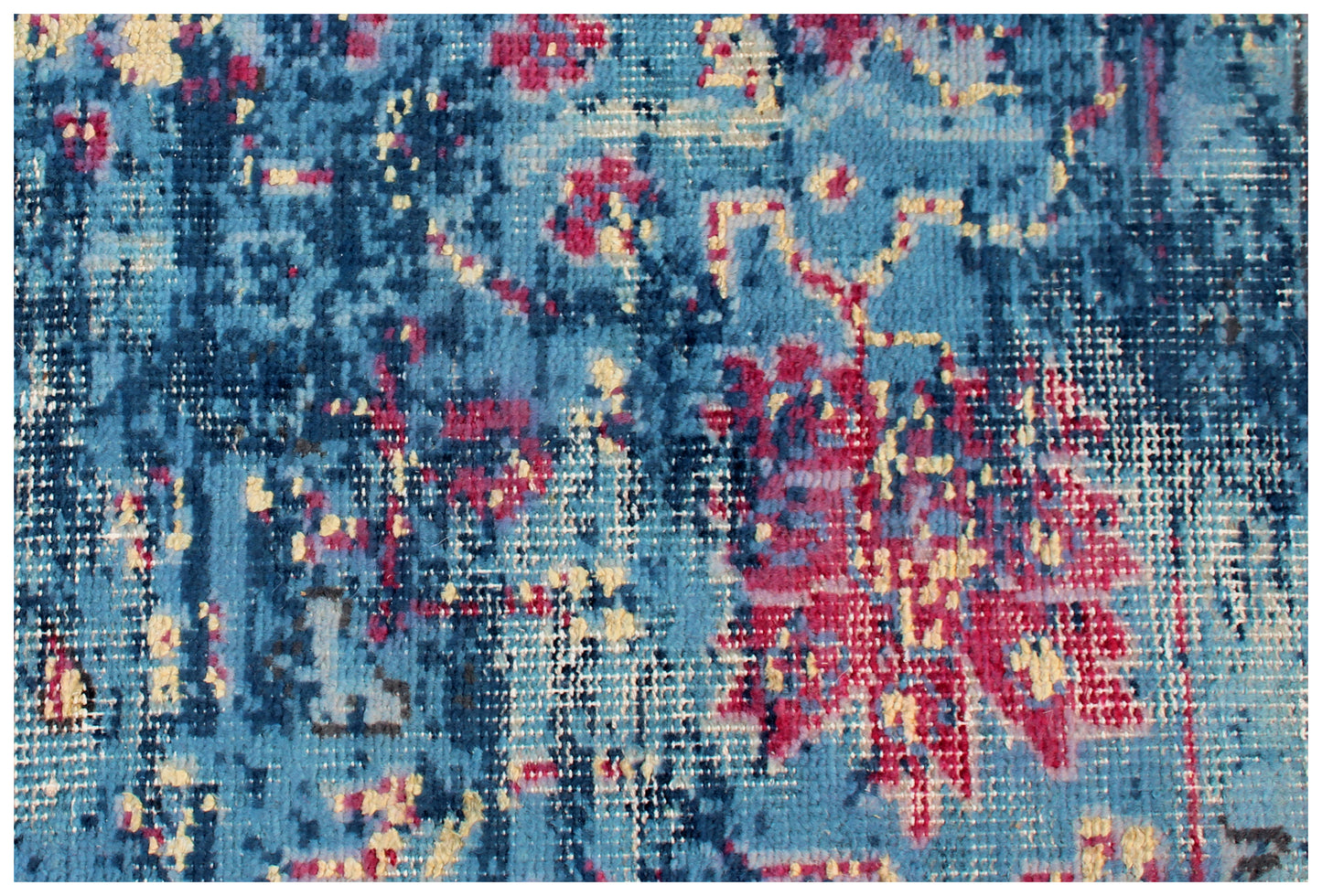 Blue Turquoise Pink 8x9.6 Hand Knotted Wool Viscose Area Rug - Vintage Antique Abstract