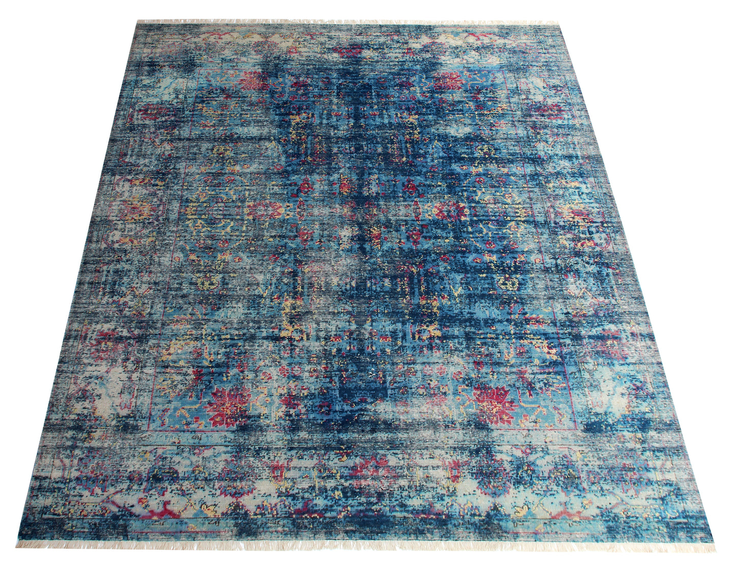 Blue Turquoise Pink 8x9.6 Hand Knotted Wool Viscose Area Rug - Vintage Antique Abstract