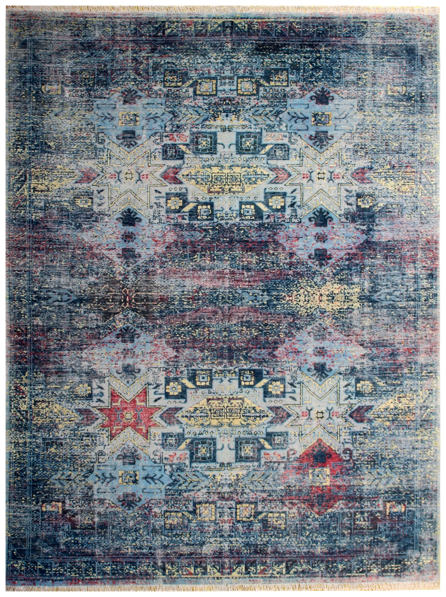 Exquisite Hand Knotted Rug 7.6x9.6 - Blue Teal Pink Vintage Geometric 45 KPSI Bhadohi Rugs