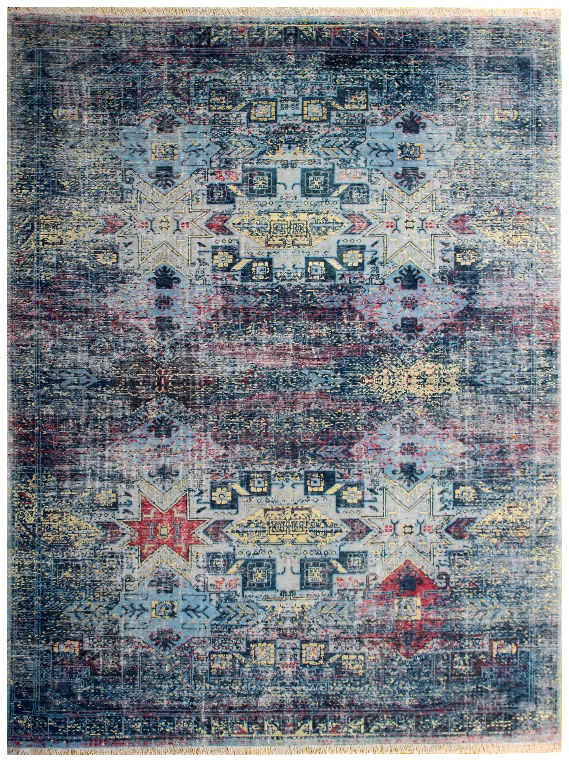 Exquisite Hand Knotted Rug 7.6x9.6 - Blue Teal Pink Vintage Geometric 45 KPSI Bhadohi Rugs