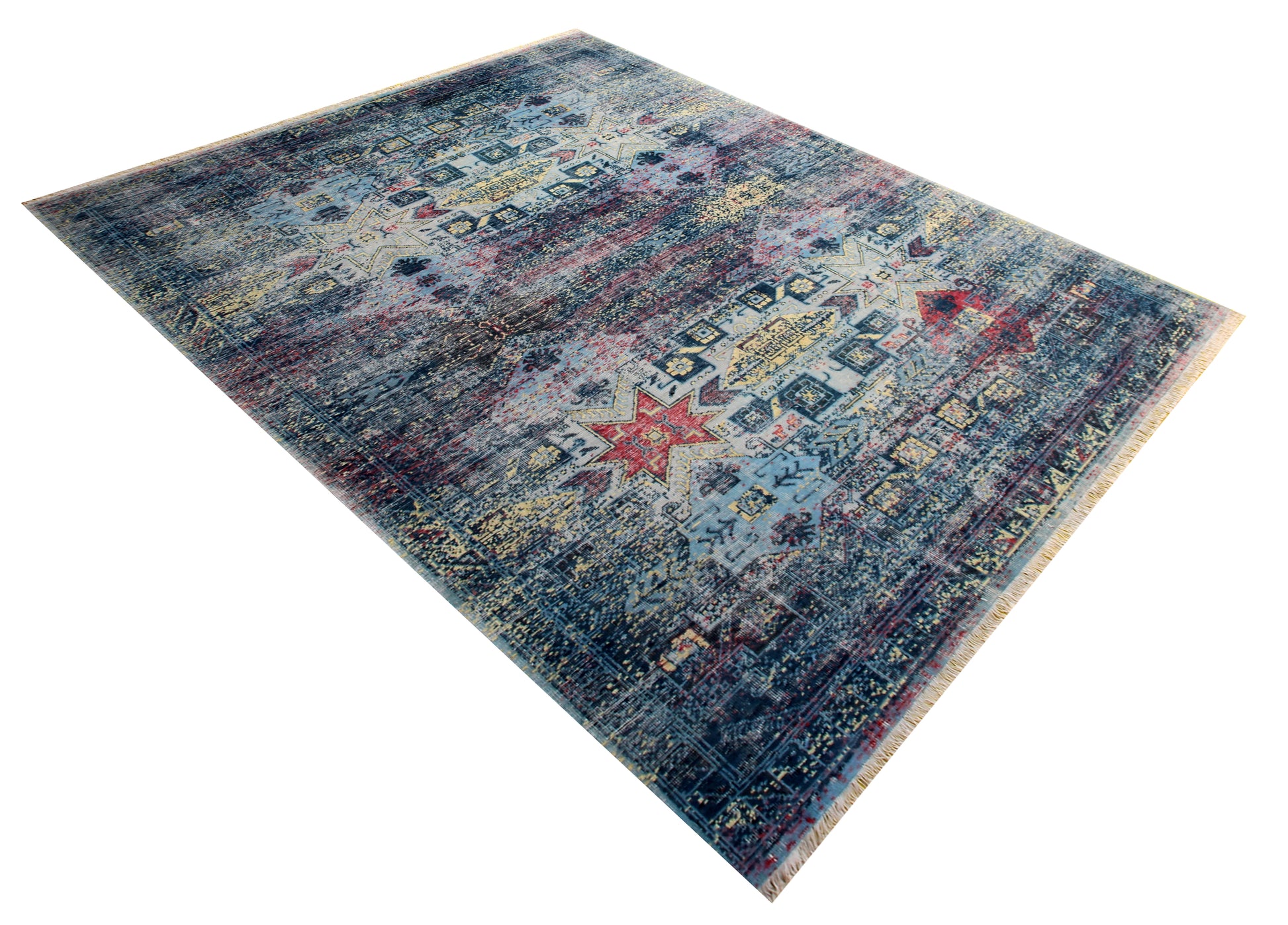 Exquisite Hand Knotted Rug 7.6x9.6 - Blue Teal Pink Vintage Geometric 45 KPSI Bhadohi Rugs