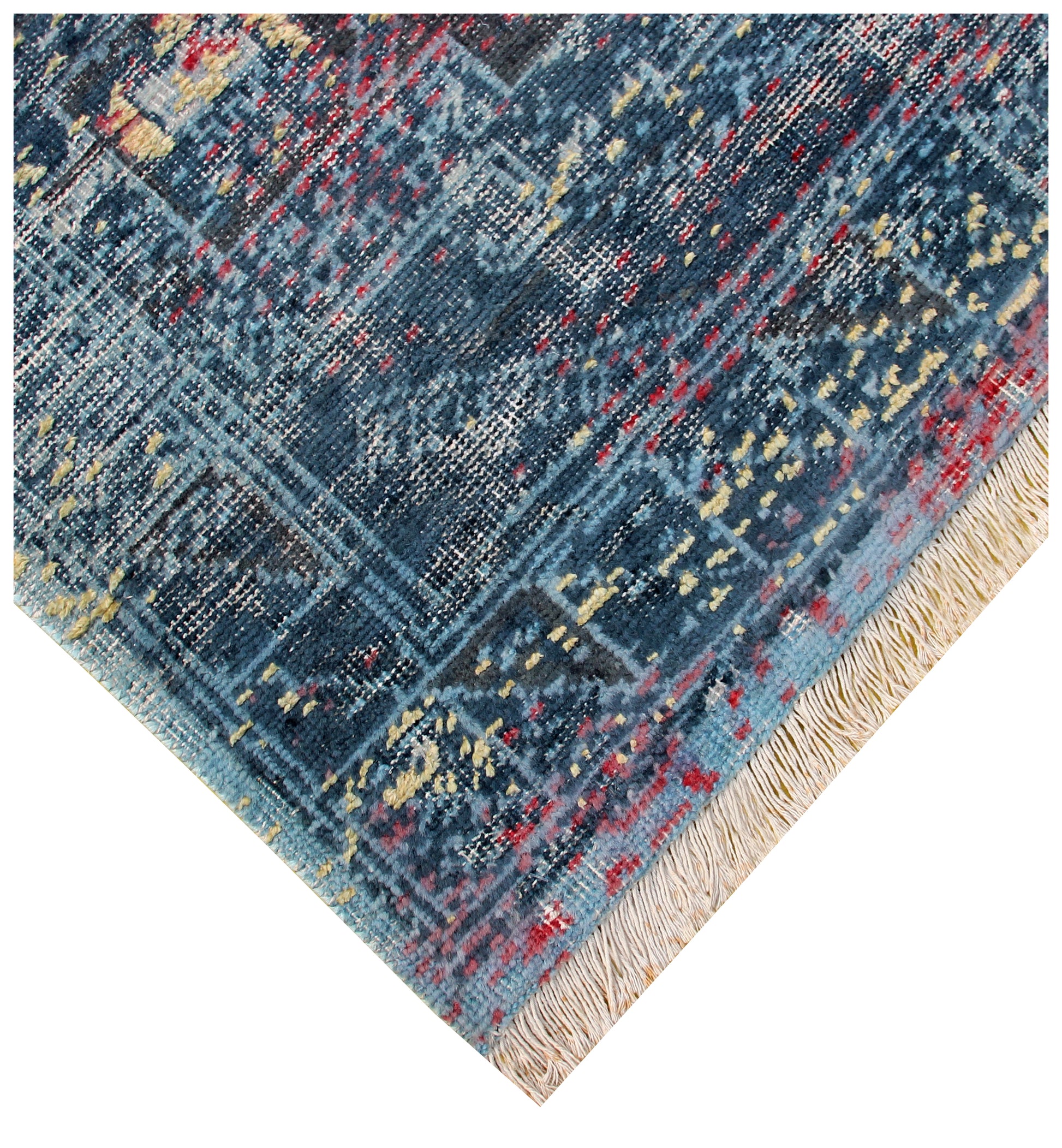 Exquisite Hand Knotted Rug 7.6x9.6 - Blue Teal Pink Vintage Geometric 45 KPSI Bhadohi Rugs