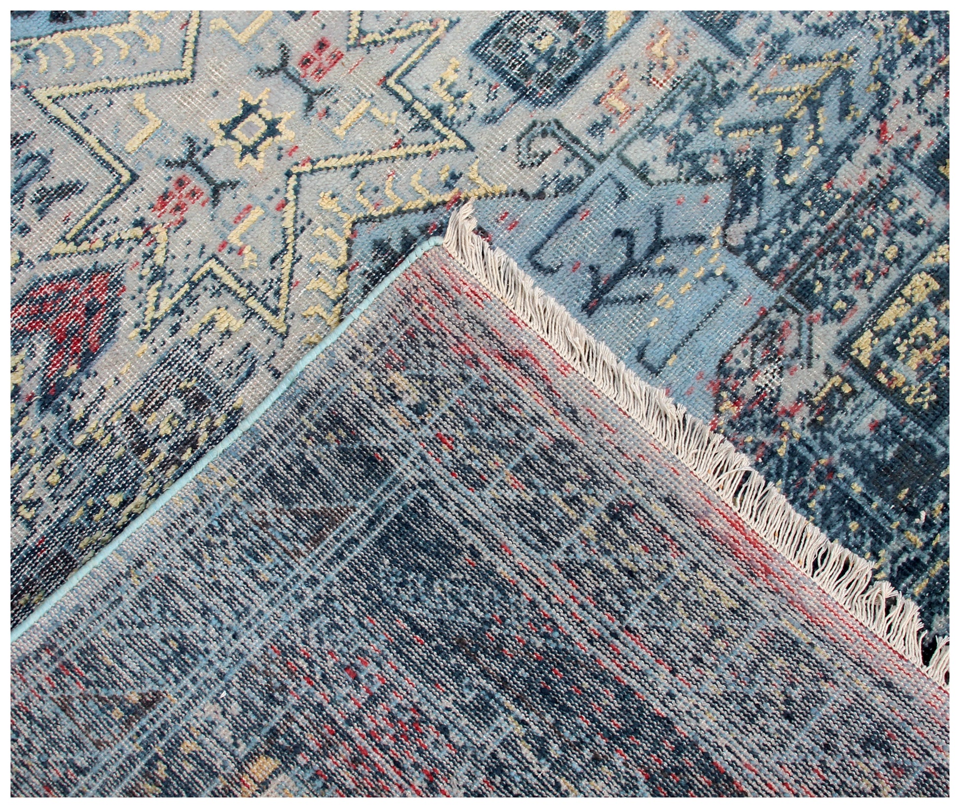 Exquisite Hand Knotted Rug 7.6x9.6 - Blue Teal Pink Vintage Geometric 45 KPSI Bhadohi Rugs