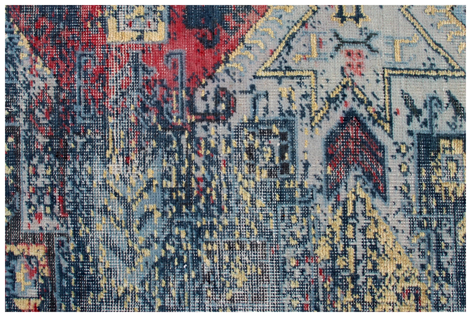 Exquisite Hand Knotted Rug 7.6x9.6 - Blue Teal Pink Vintage Geometric 45 KPSI Bhadohi Rugs