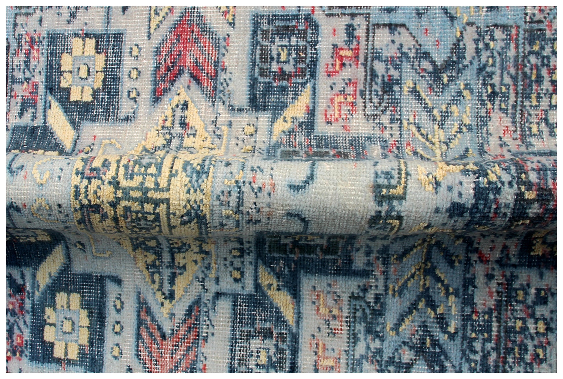 Exquisite Hand Knotted Rug 7.6x9.6 - Blue Teal Pink Vintage Geometric 45 KPSI Bhadohi Rugs