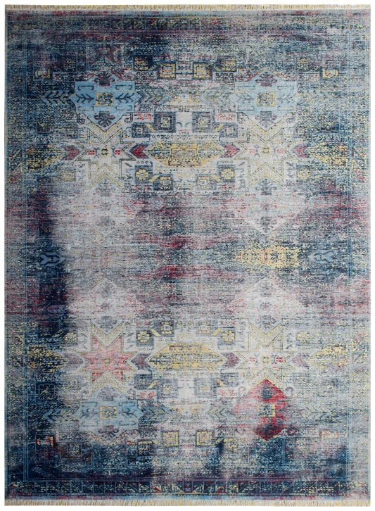 Sophisticated Hand Knotted Rug 8x10 - Blue Teal Pink Vintage Geometric 45 KPSI Bhadohi Rugs