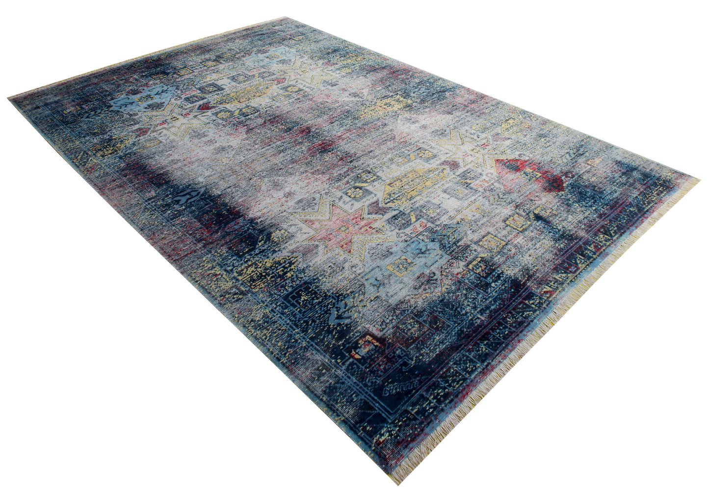 Sophisticated Hand Knotted Rug 8x10 - Blue Teal Pink Vintage Geometric 45 KPSI Bhadohi Rugs