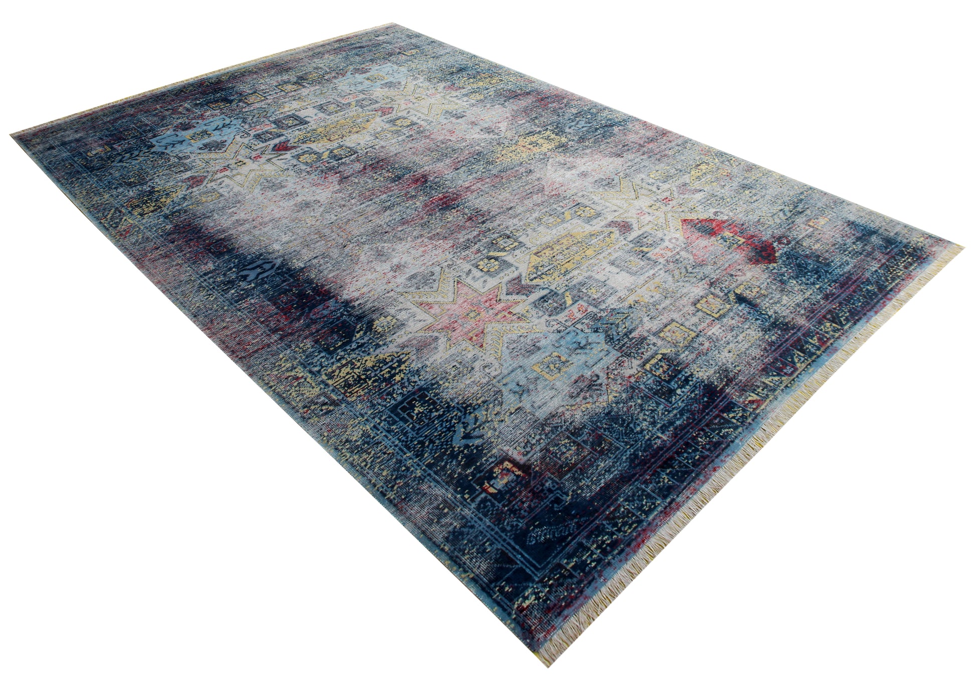 Sophisticated Hand Knotted Rug 8x10 - Blue Teal Pink Vintage Geometric 45 KPSI Bhadohi Rugs