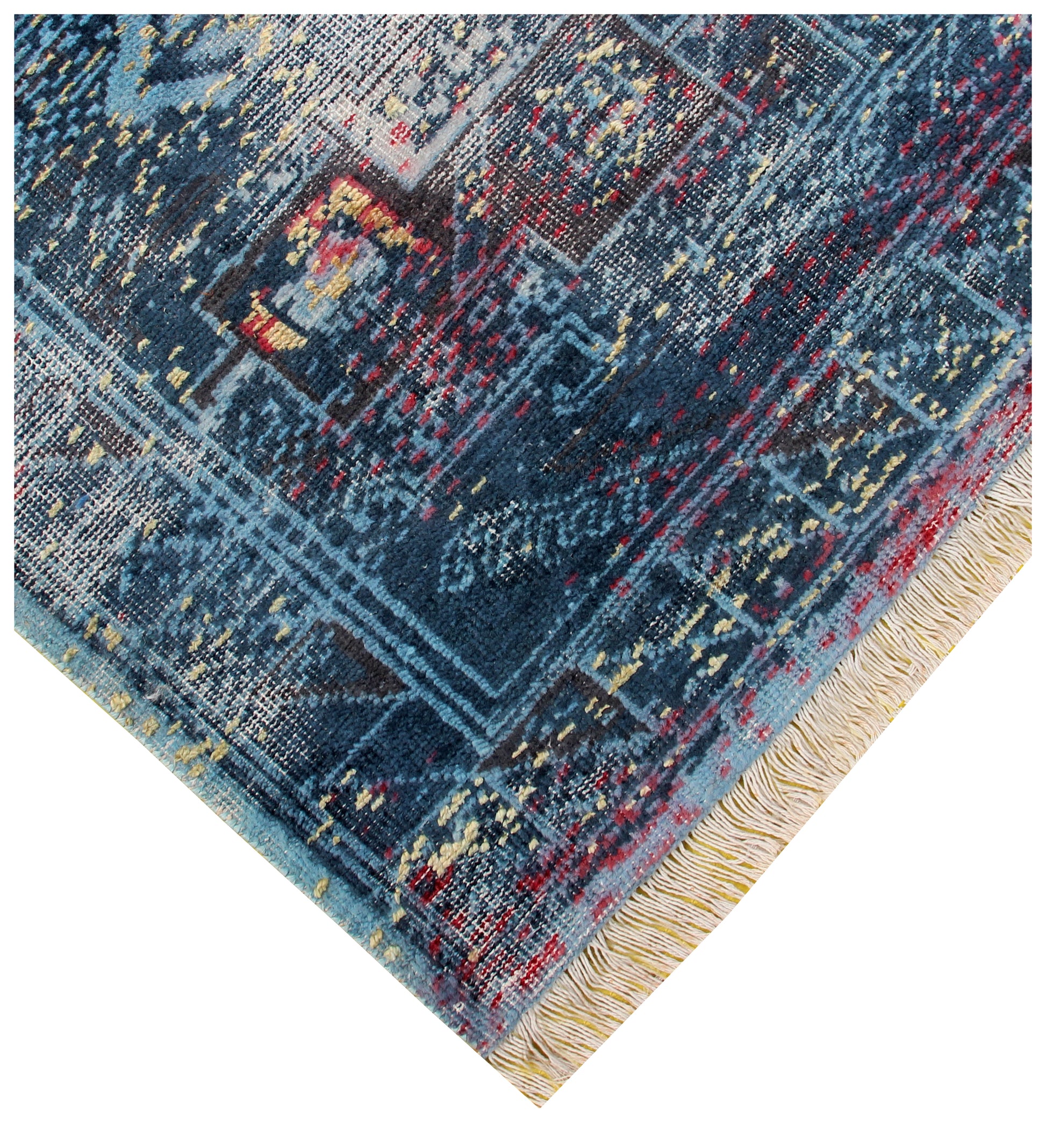 Sophisticated Hand Knotted Rug 8x10 - Blue Teal Pink Vintage Geometric 45 KPSI Bhadohi Rugs