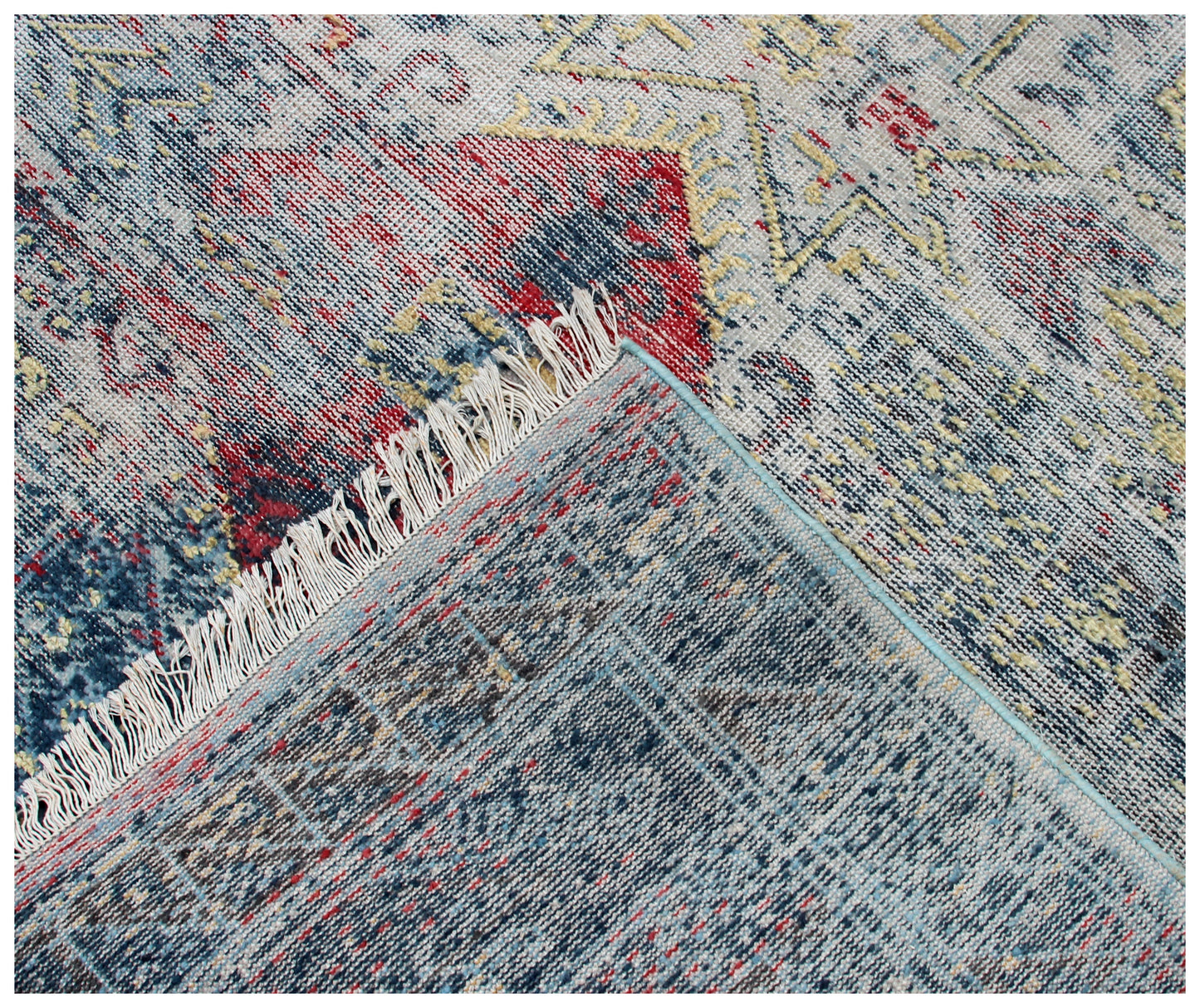 Sophisticated Hand Knotted Rug 8x10 - Blue Teal Pink Vintage Geometric 45 KPSI Bhadohi Rugs