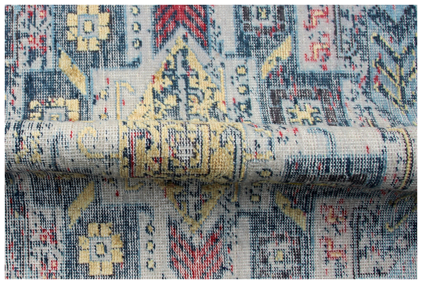 Sophisticated Hand Knotted Rug 8x10 - Blue Teal Pink Vintage Geometric 45 KPSI Bhadohi Rugs