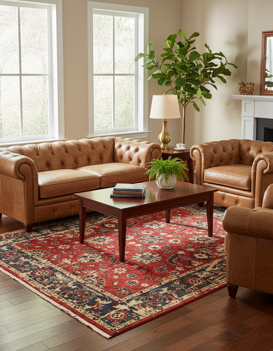 Room setup with red and navy traditional rug
